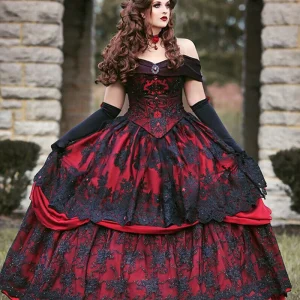 Gothic Medieval Red And Black Lace Ball Gown Wedding Dress