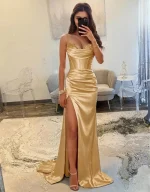 Satin Corset Prom Dresses for Women 2026 Sequin Mermaid Slit Long Formal Evening Party Dress Ball Gown