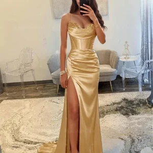 Satin Corset Prom Dresses for Women 2026 Sequin Mermaid Slit Long Formal Evening Party Dress Ball Gown