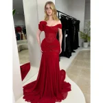 Pleat Chiffon Evening Dresses Off the Shoulder Red Corset