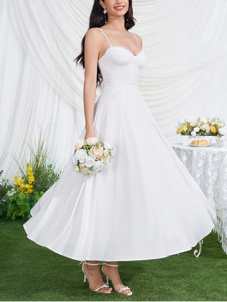 White Corset Wedding Midi Dress Elegant Summer Spaghetti Strap A-Line Bridal - Image 5