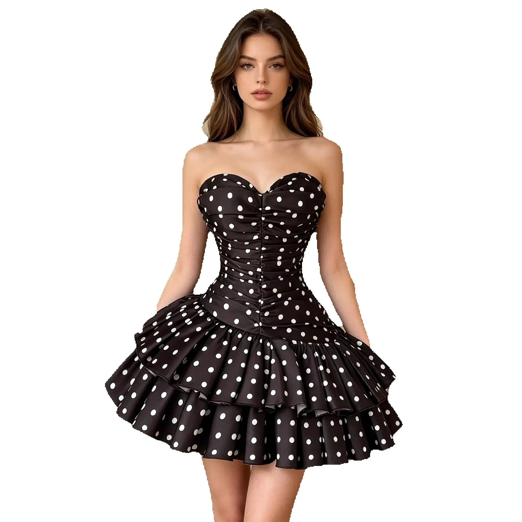 Black White Polka Dot Satin Strapless Mini Dress Sweetheart Ruched Corset Lace Up Back Tiered Ruffle Skirt Short Prom Gown - Image 5