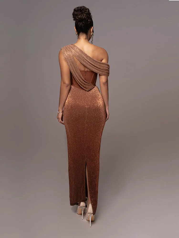 Long Dress Women Brown Corset Sparkly Backless Bodycon Maxi Dresses - Image 3