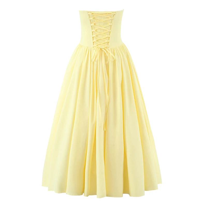 Strapless Bow Elegant Evening Party Dresses For Women Lace Up Bandage Back Ball Gown Yellow Dress Christmas Robe - Image 4