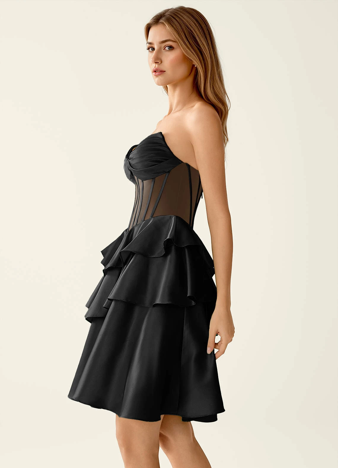 Glam Homecoming Dress Spaghetti Strap Bow Corset Tiered Ruffle - Image 4