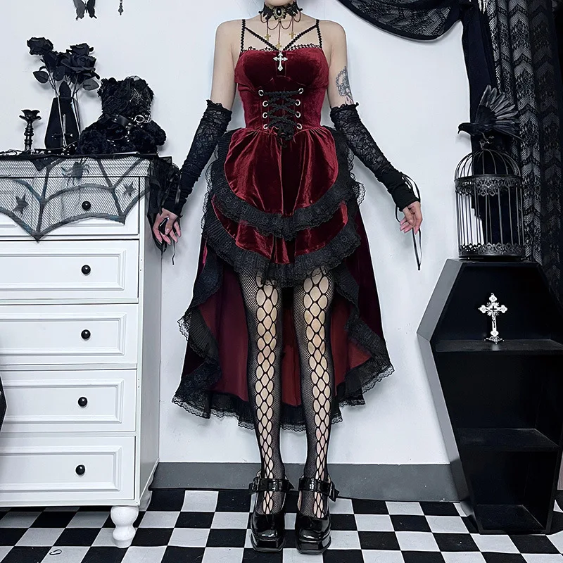 High Low Cut Swallow Tail Lace Bodice Dress Strap Y2K Corset Bustier Women Sexy Dark Gothic Costume Sling Strap Sleeveless Dress - Image 7