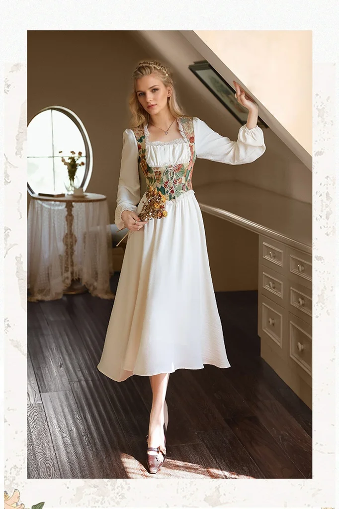 Elegant Cottage Style Princess Dresses Woman Vintage Chic Painting Corset Dress - Image 9