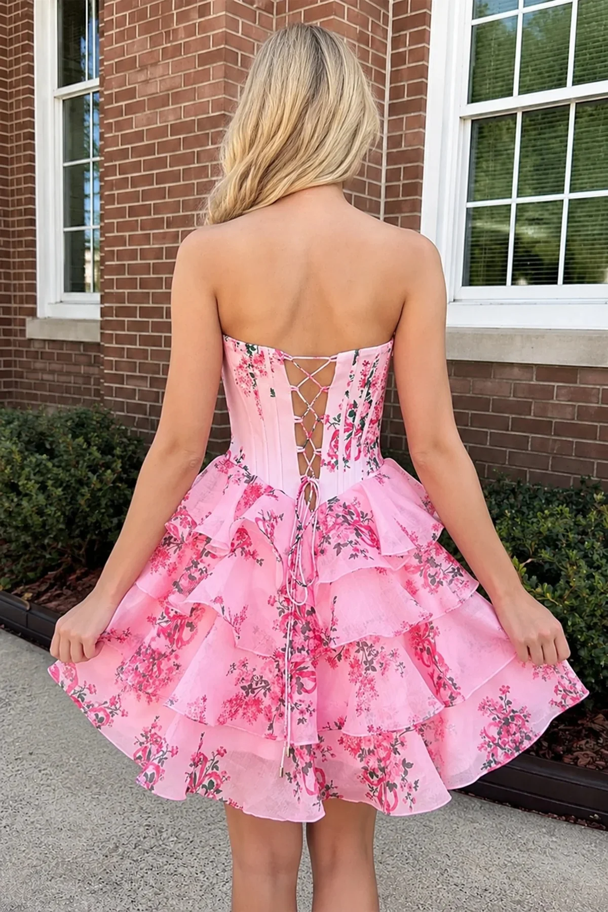 Ruffle Floral Printed Short Dresses Corset Tiered Strapless Chiffon Evening Prom - Image 9