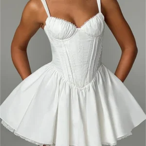 Bustier Corset Mini Dress Lace Trim Big Bow Tie Up Aline Ruffle Sundress White Graduation Party Dress Streetwear