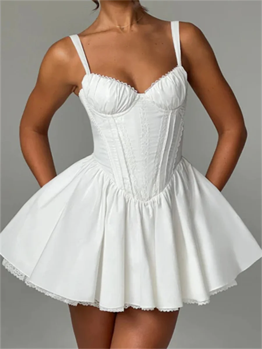 Bustier Corset Mini Dress Lace Trim Big Bow Tie Up Aline Ruffle Sundress White Graduation Party Dress Streetwear