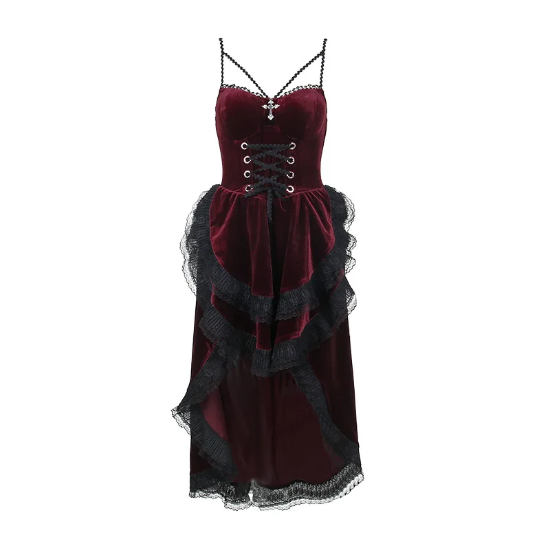 High Low Cut Swallow Tail Lace Bodice Dress Strap Y2K Corset Bustier Women Sexy Dark Gothic Costume Sling Strap Sleeveless Dress - Image 3
