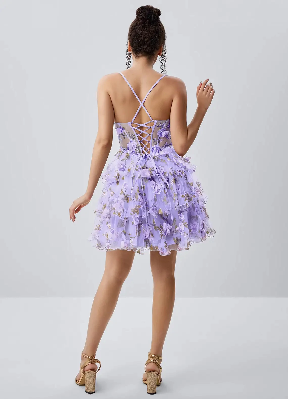 Spaghetti Strap Floral Corset Homecoming Dress Ruffled Tulle Cocktail Party Dress Prom Dress - Image 2