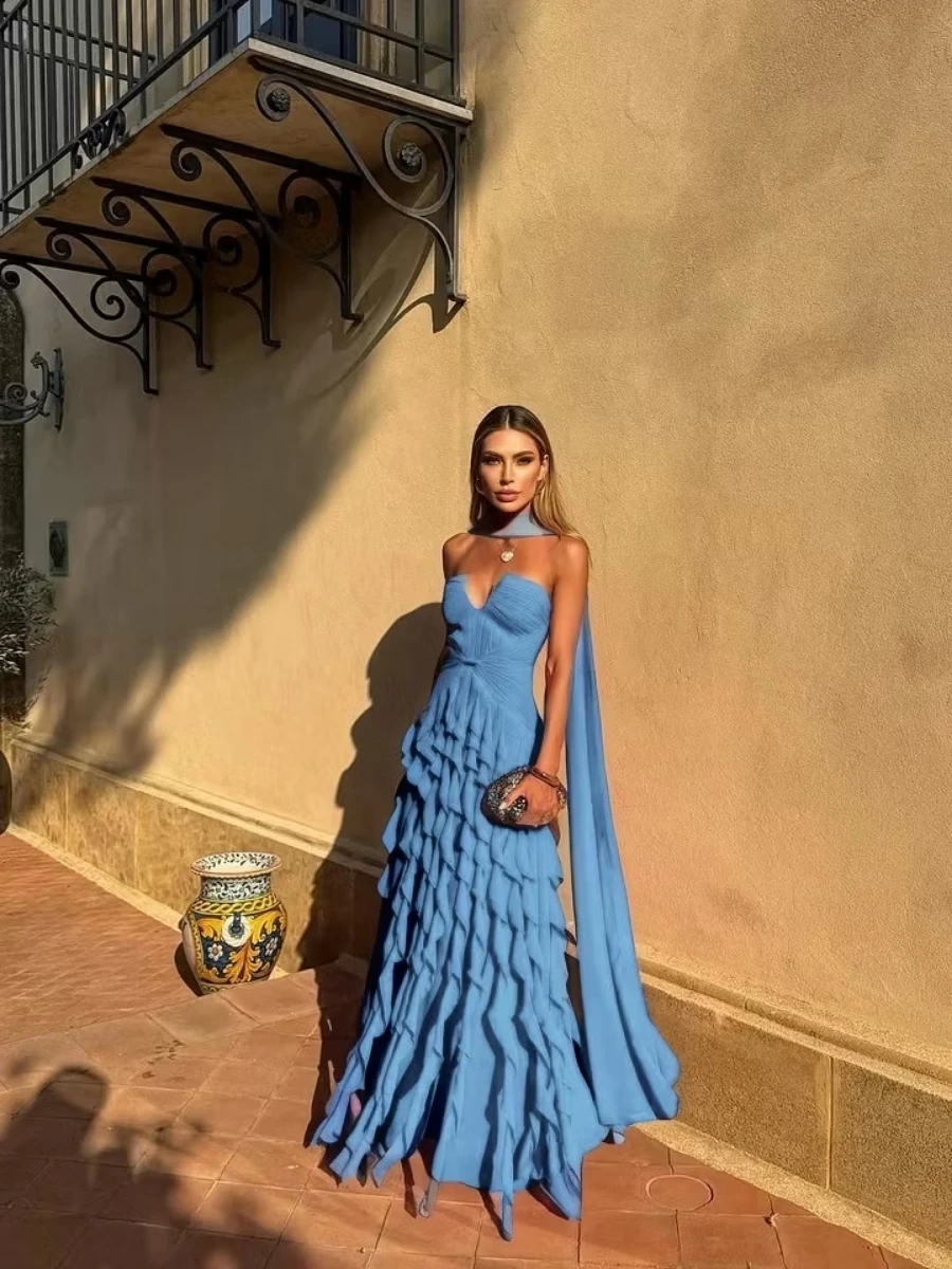 Long Train Evening Gown Sweetheart Multi Layer Ruffle Chiffon Maxi Dress Sexy Backless Flowing Ribbon Prom Dress - Image 6