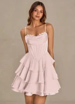 Dress Spaghetti Strap Lace Satin Corset Tiered Ruffle Mini Cocktail Party Dress Prom Dress