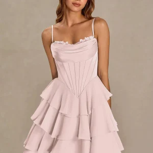 Dress Spaghetti Strap Lace Satin Corset Tiered Ruffle Mini Cocktail Party Dress Prom Dress