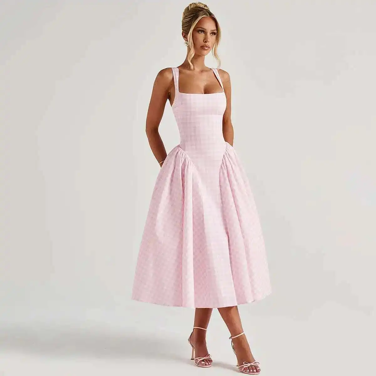 Plaid Printed Spaghetti Strap Sexy A-line Dress - Image 50