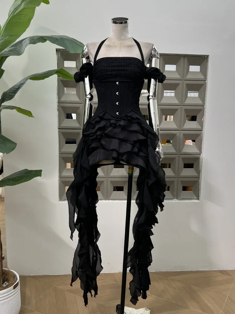 Ruffles Draped Dress Three Piece Sets Sexy Halter Neck Folds Ruffled Dress+Lace-up Corset Top+Shorts Suits Party Cocktail - Image 10