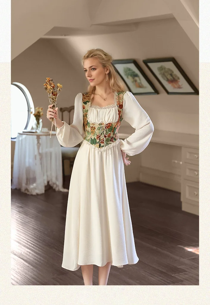 Elegant Cottage Style Princess Dresses Woman Vintage Chic Painting Corset Dress - Image 6