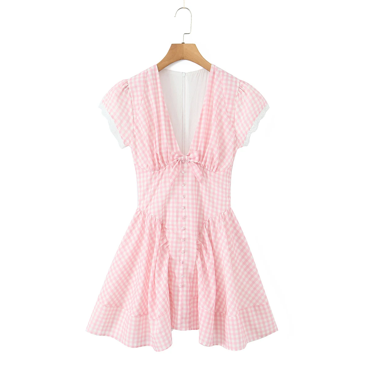 Pink Plaid Spliced White Lace Corset Style Mini Dress Women V Collar Short Sleeve Low Waist Ball Gown Swing Party Robe - Image 7