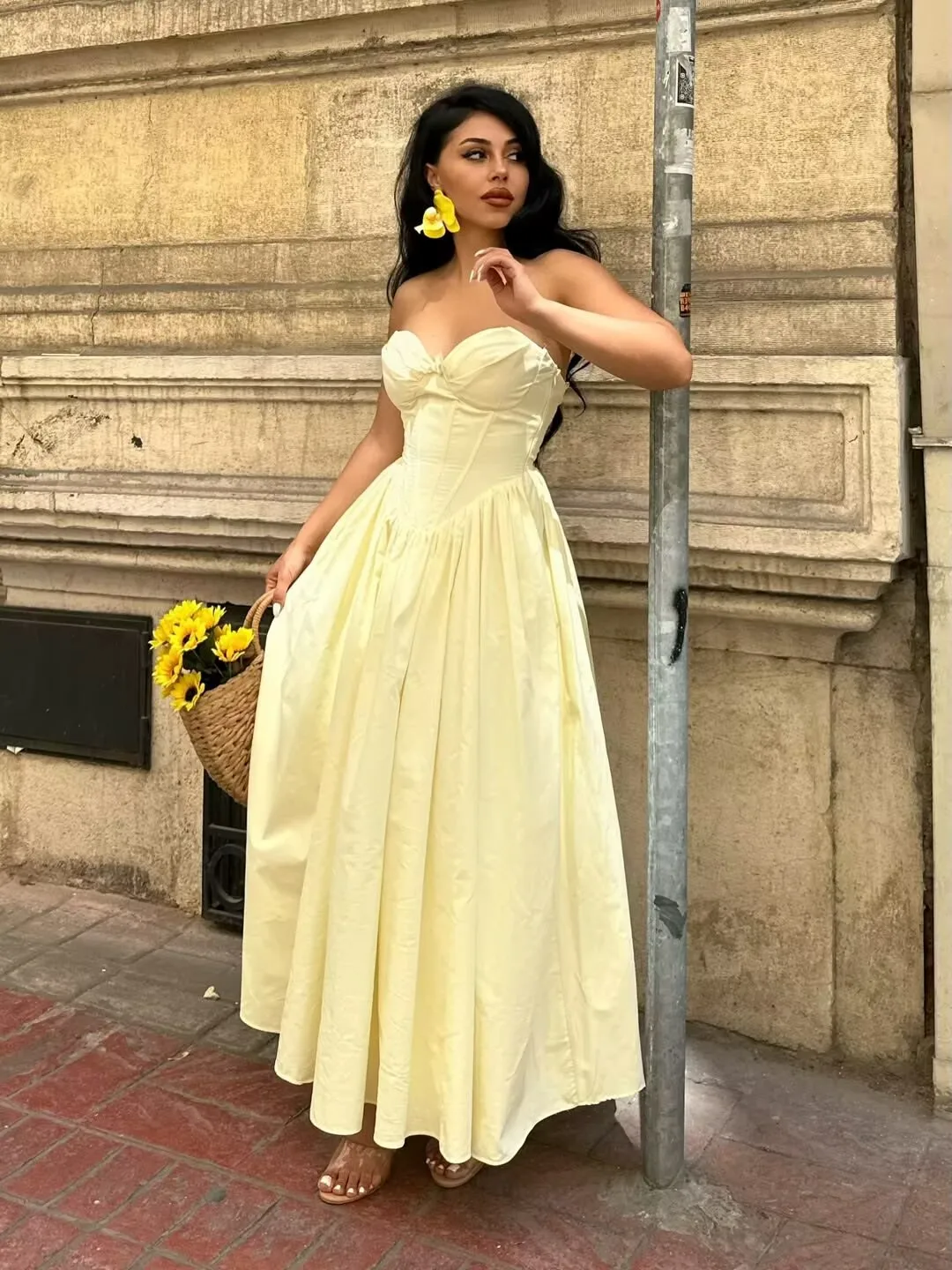 Strapless Bow Elegant Evening Party Dresses For Women Lace Up Bandage Back Ball Gown Yellow Dress Christmas Robe - Image 8