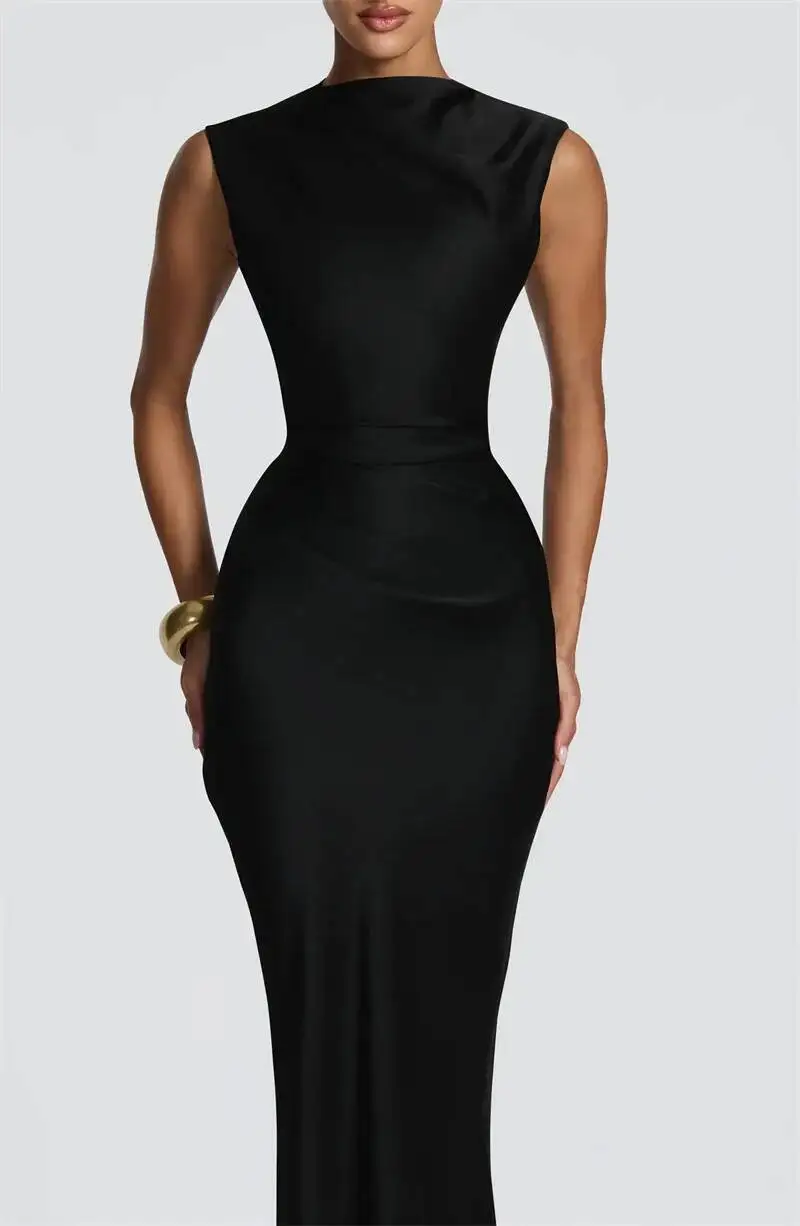 Satin Cowl Neck Mermaid Maxi Dress Women Elegant Sleeveless Draped Ruched Bodycon Long Evening Party Gown Vestidos - Image 20