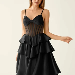 Glam Homecoming Dress Spaghetti Strap Bow Corset Tiered Ruffle