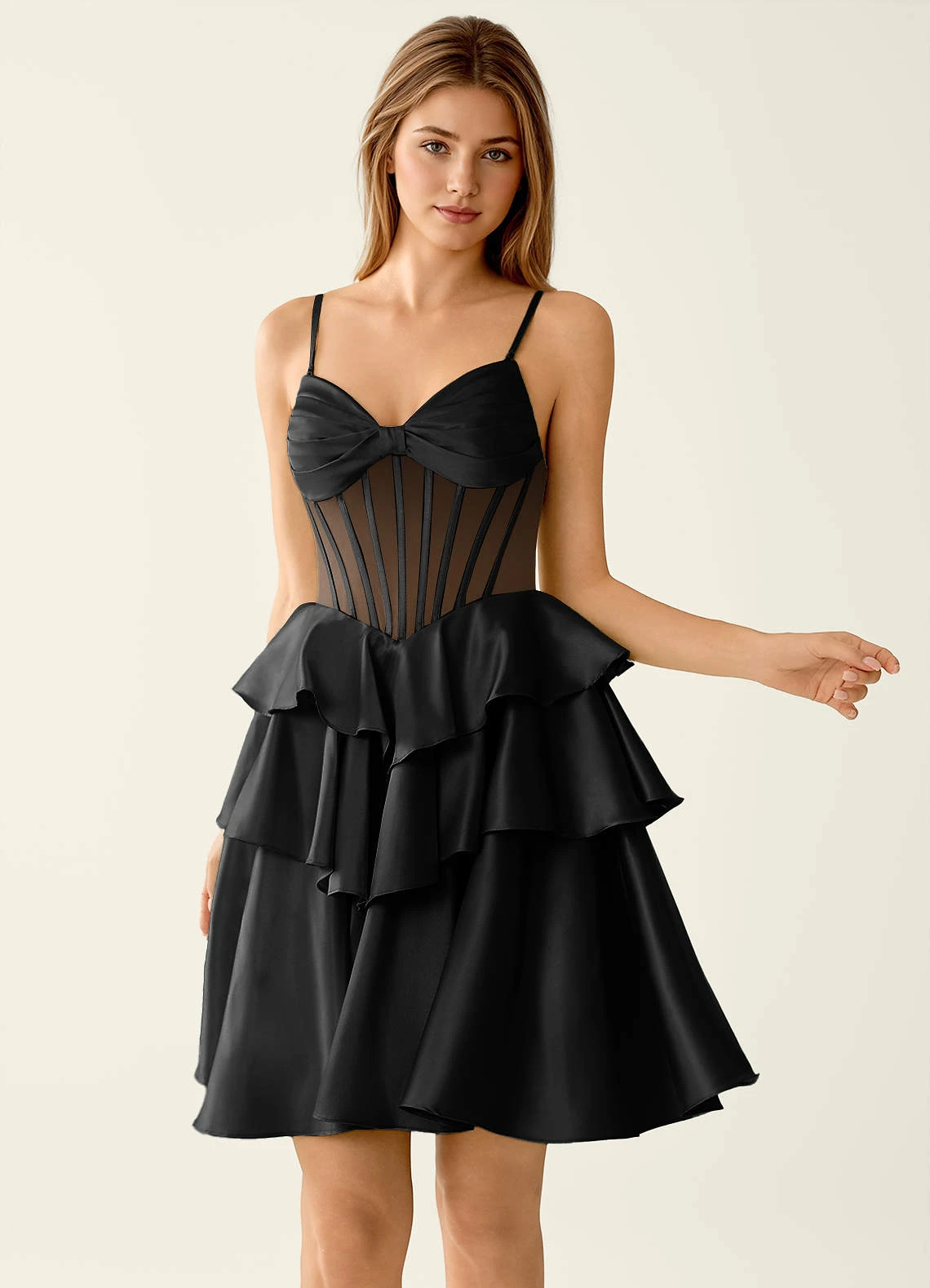 Glam Homecoming Dress Spaghetti Strap Bow Corset Tiered Ruffle
