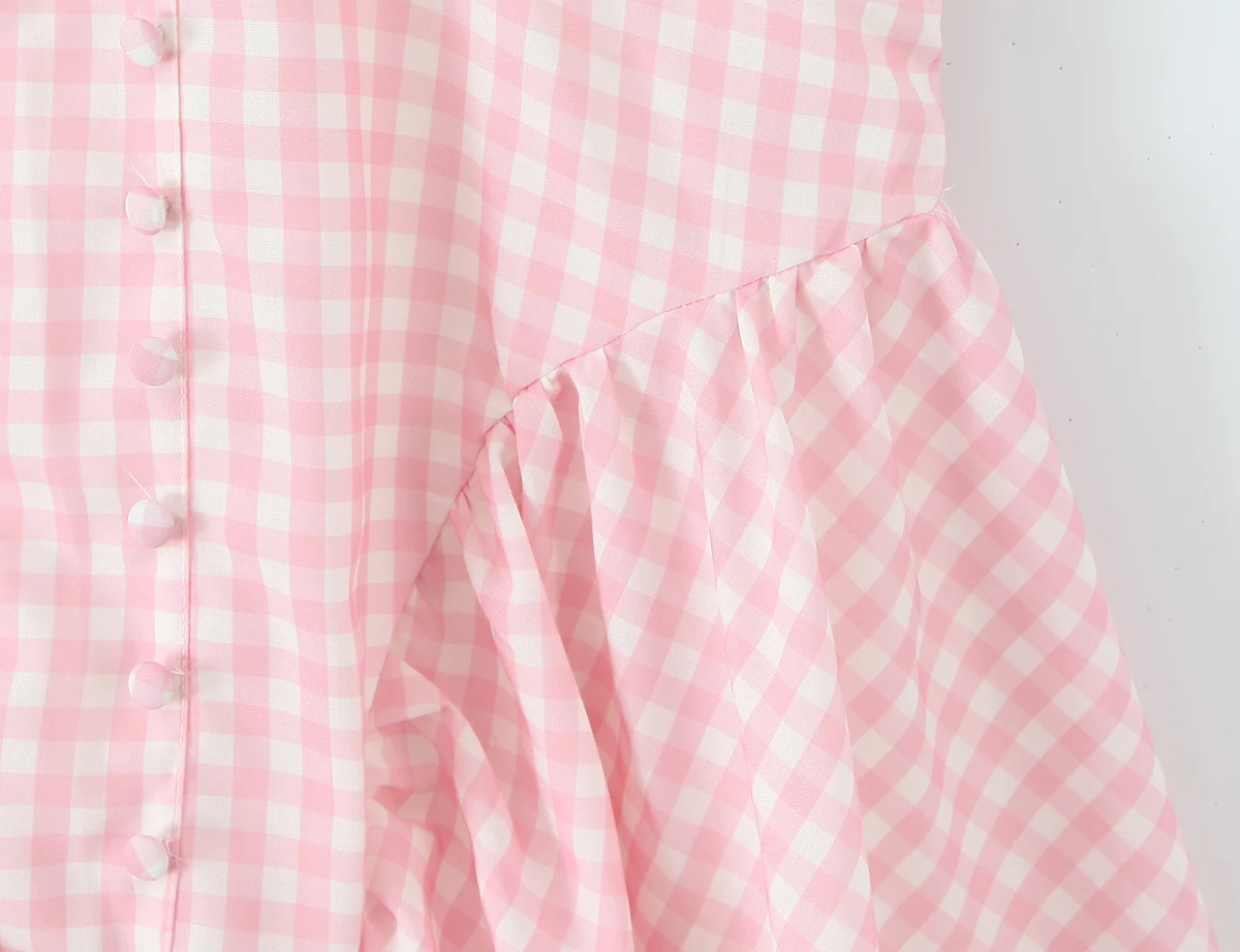 Pink Plaid Spliced White Lace Corset Style Mini Dress Women V Collar Short Sleeve Low Waist Ball Gown Swing Party Robe - Image 12