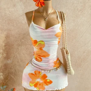 Floral Print Side Ruched Ruffle Hem Mini Dress