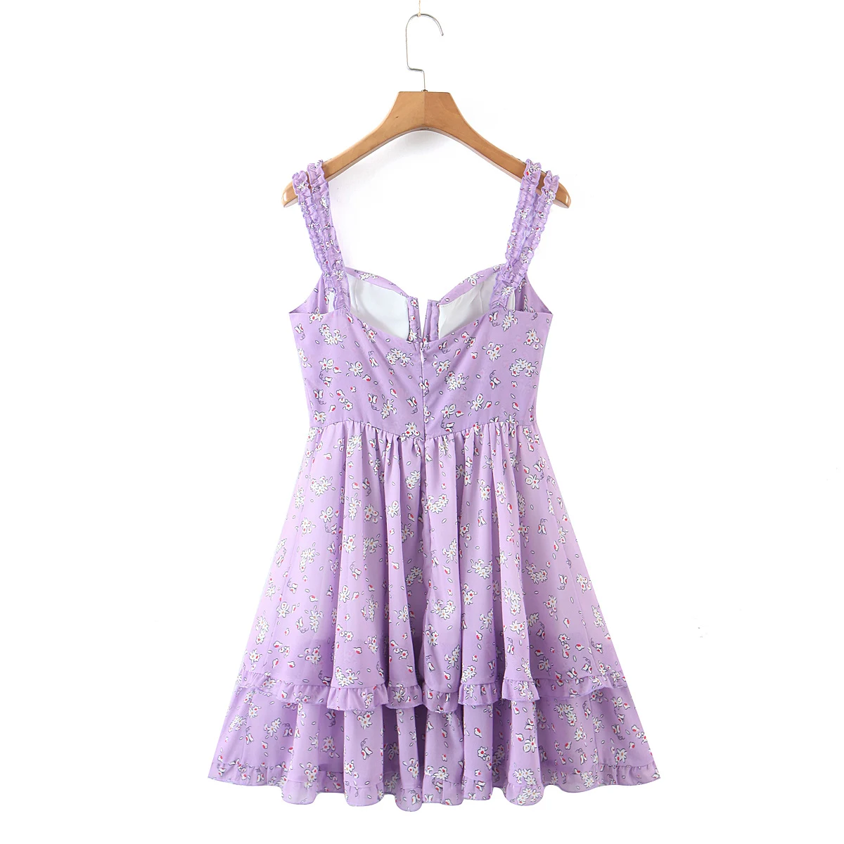 Women Slit Bra Corset Purple Floral Print Double Wood Ears Strap Dress Chiffon Spliced Ruffle Hem Cake Mini Holiday Robe - Image 18
