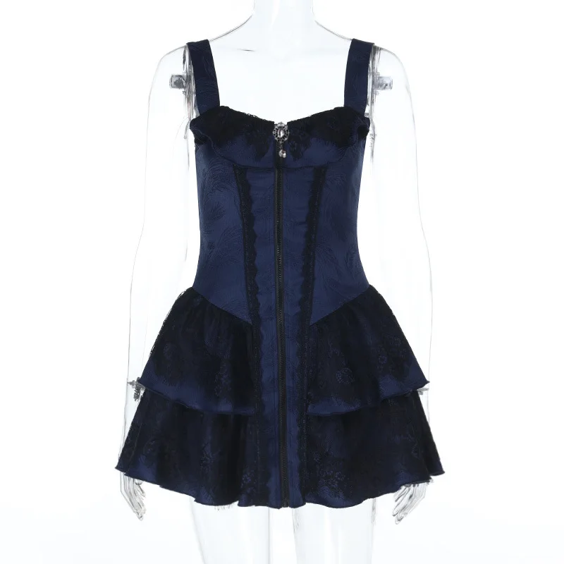 Dark A-line Textured Mini Dress for Women Mall Gothic Outfits Jacquard Lace Trim Embellished Dresses Ball Gown Halloween - Image 5
