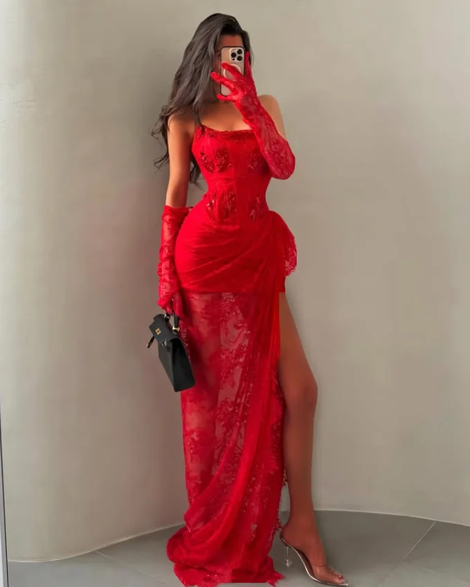 Red Lace Formal Evening Dress Strapless Corset Arabic Birthday Dress for Women Asymmetric Party Prom Dress - Image 2
