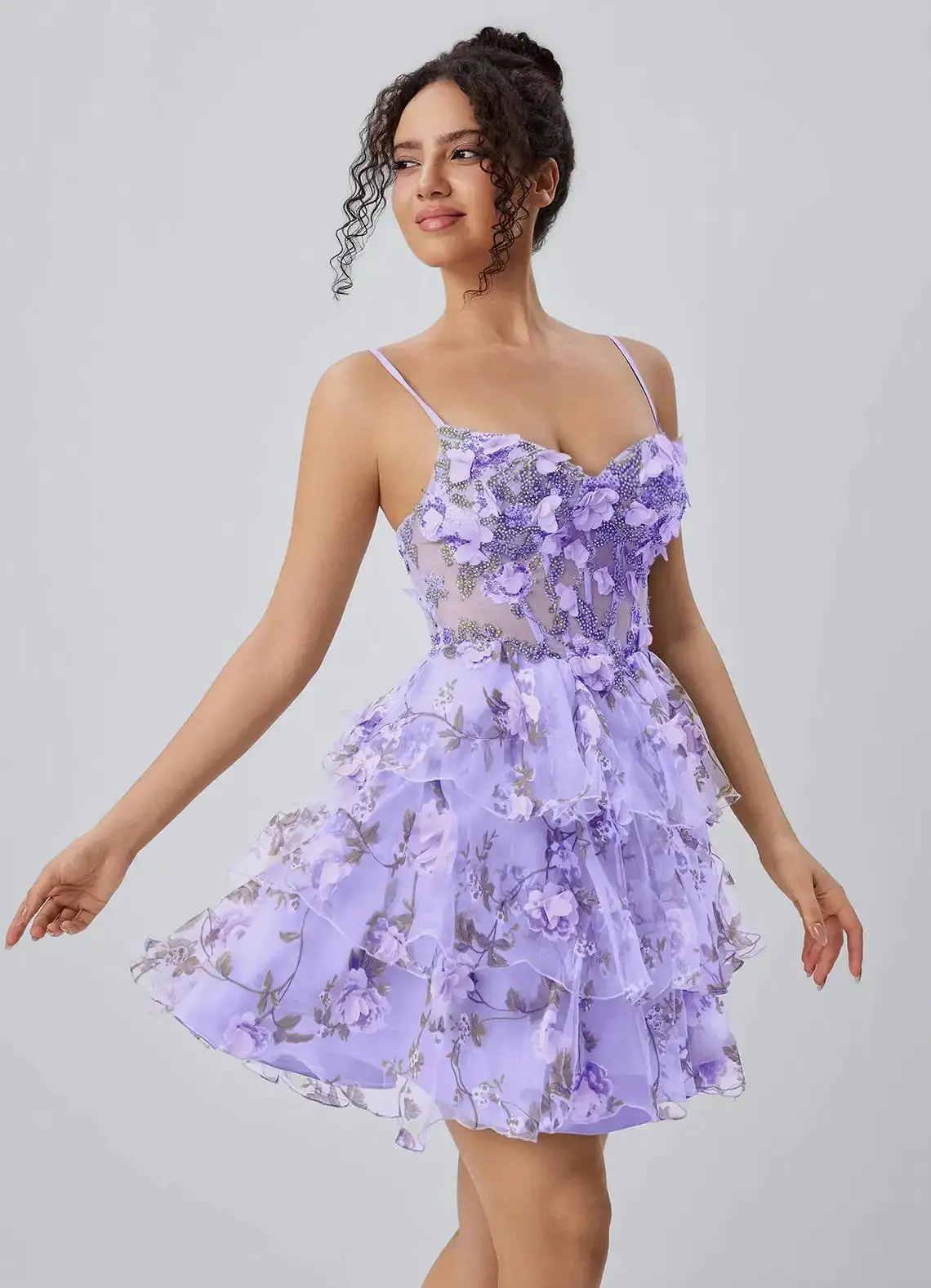 Spaghetti Strap Floral Corset Homecoming Dress Ruffled Tulle Cocktail Party Dress Prom Dress - Image 9