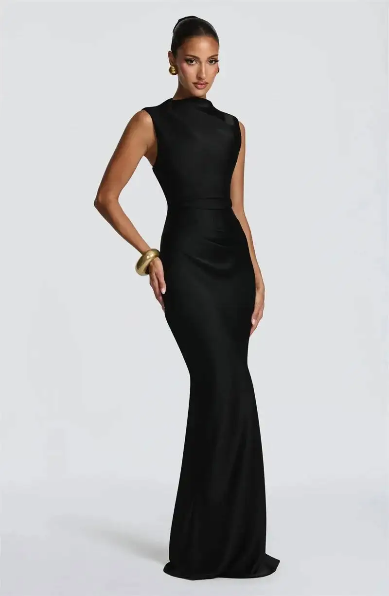 Satin Cowl Neck Mermaid Maxi Dress Women Elegant Sleeveless Draped Ruched Bodycon Long Evening Party Gown Vestidos - Image 18