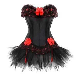 Corset Dress Gothic Overbust Women High Waist Skirts Sexy Lace Floral Bustier Corselet Plus Size Exotic Fashion Black Red