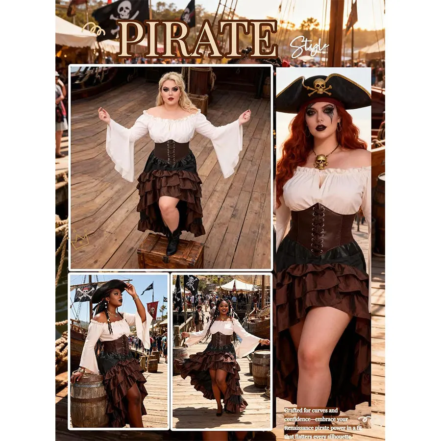 Pirate Captain Costume - Retro Embroidered Corset & Ruffled Layered Skirt Set - Sexy Buccaneer Wench Outfit for - Image 22