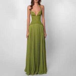 Sexy Low Cut Halter Maxi Dress Women Backless Pleated Patchwork Long Dresses