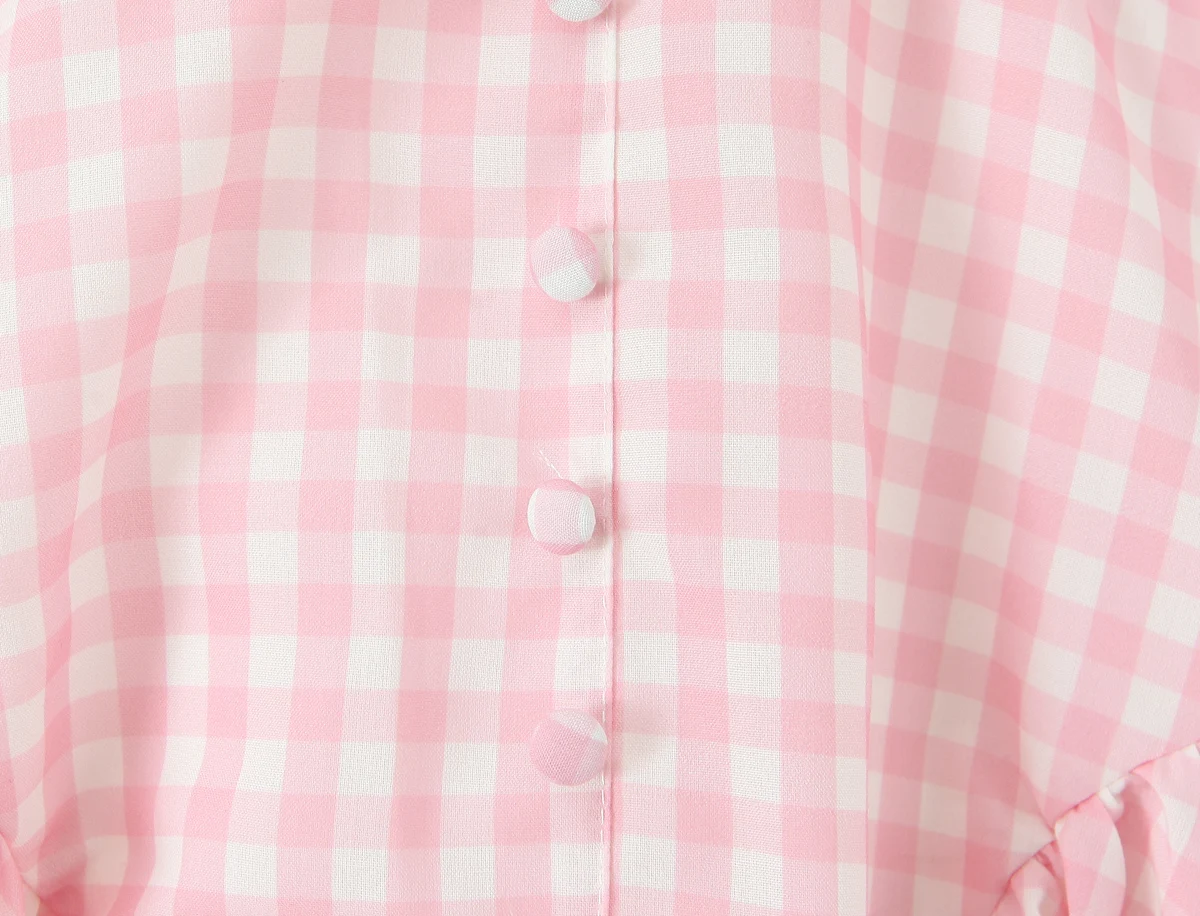 Pink Plaid Spliced White Lace Corset Style Mini Dress Women V Collar Short Sleeve Low Waist Ball Gown Swing Party Robe - Image 13