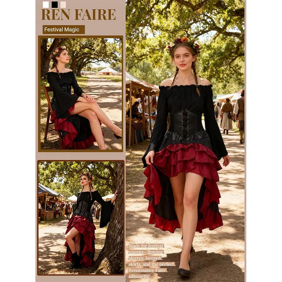 Pirate Captain Costume - Retro Embroidered Corset & Ruffled Layered Skirt Set - Sexy Buccaneer Wench Outfit for - Image 15