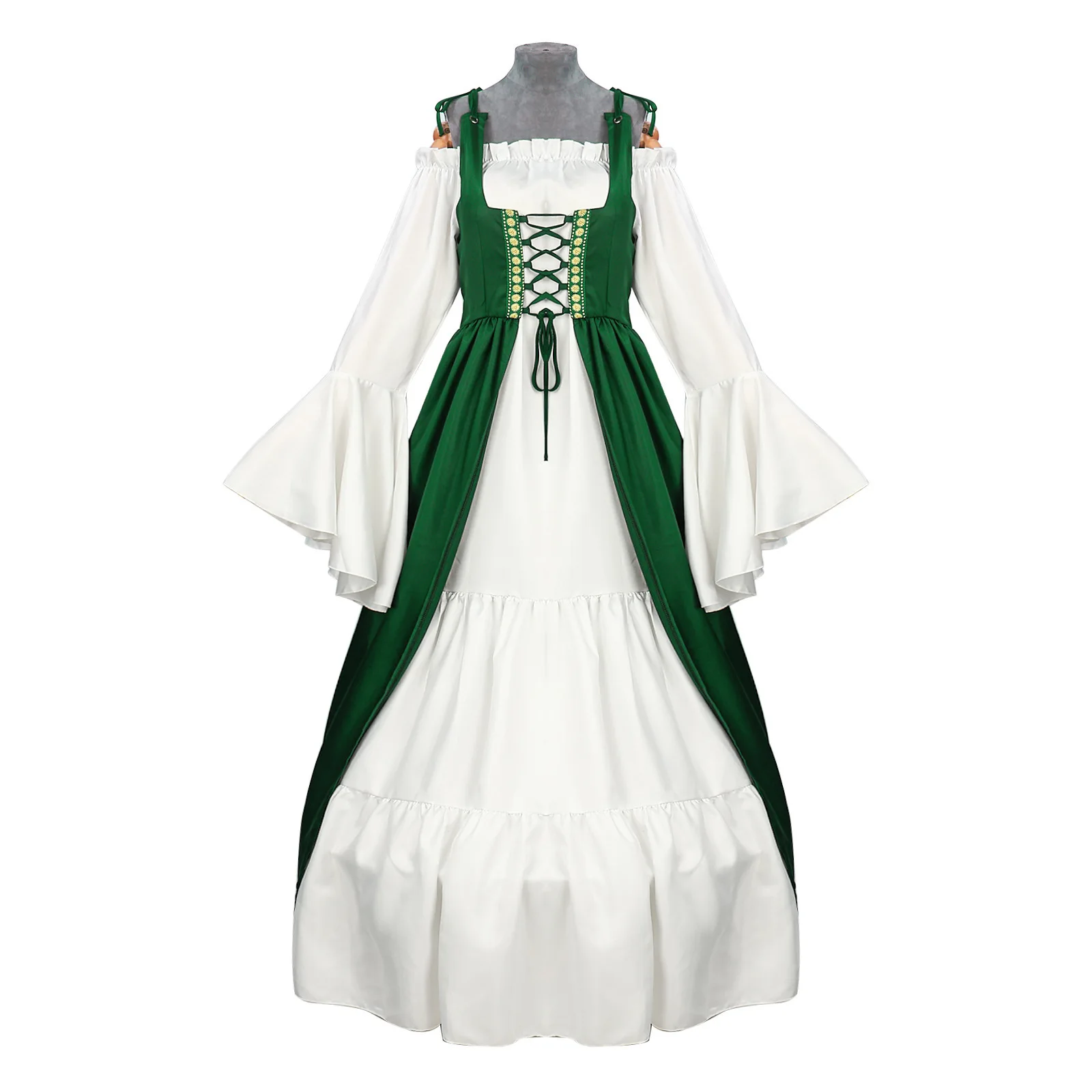 Medieval Court Style Long Sleeve Corset Dress with Off-Shoulder Batwing Sleeves and Flared Long Skirt - Image 11