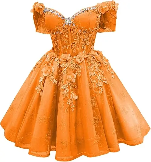 Robe de bal courte Celestia à corset et épaules dénudées, ornée de perles et de dentelle - Image 6