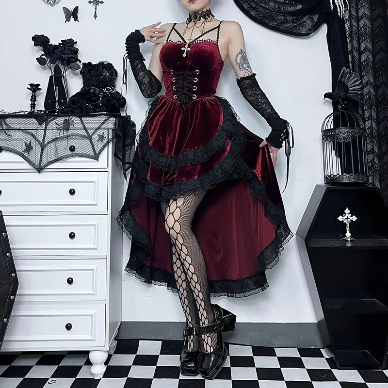 High Low Cut Swallow Tail Lace Bodice Dress Strap Y2K Corset Bustier Women Sexy Dark Gothic Costume Sling Strap Sleeveless Dress - Image 8