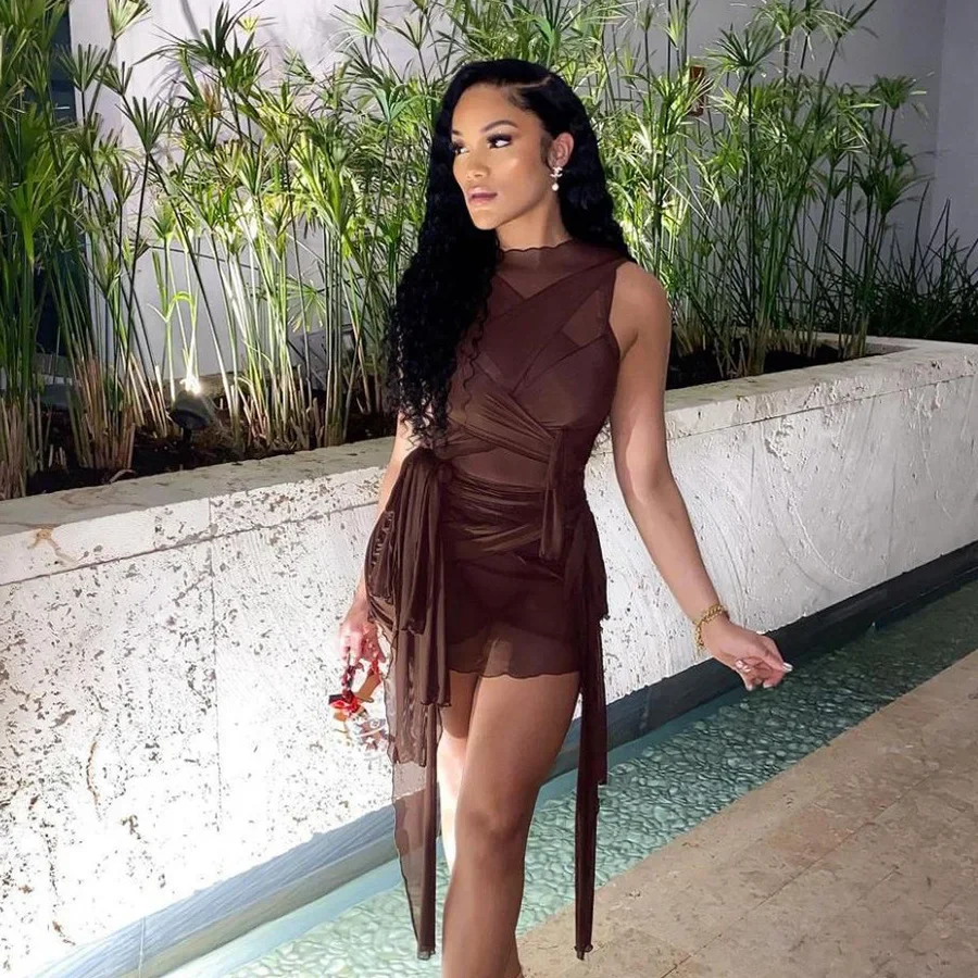 Bangniweigou Ribbon Wrap Up Draped Mesh See Through Bandage Dress Women Mummy Tie Up Bodycon High Waist Short Brown Dresses - Image 3