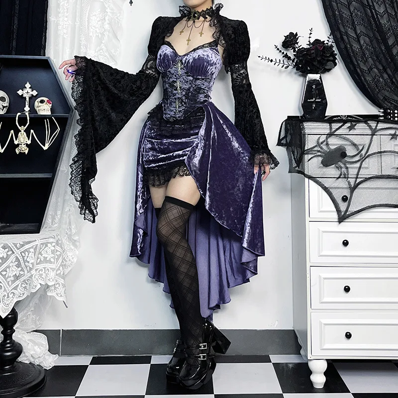 Gothic Velvet A-line Dress Female Elegant Evening Lolita Partywear Grunge Sling Lace Hem Alt Cloth - Image 12
