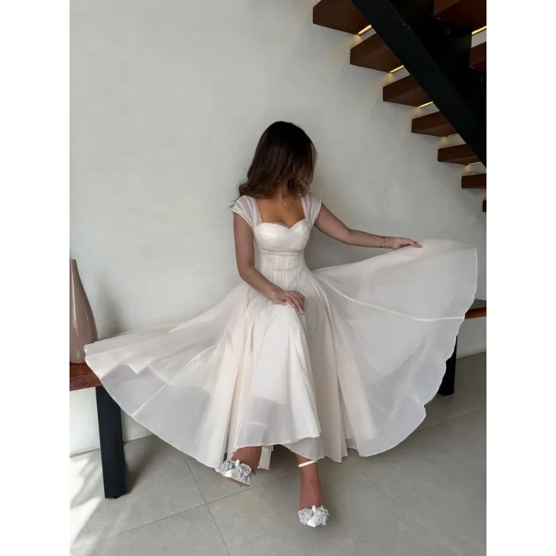 Summer Sexy Square Neck Corset Waist A-Line Tea-Length Dress for Wedding - Eye-Catching Gown for Women - Image 6