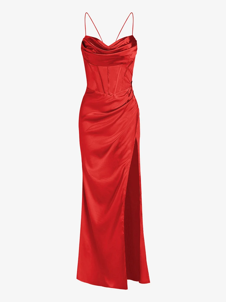 Dress Satin Cowl Front Lace Up Corset Dress Evening Dresses for Day and Night Party Elegant Women Red Maxi Bodycon Sexy - Image 6