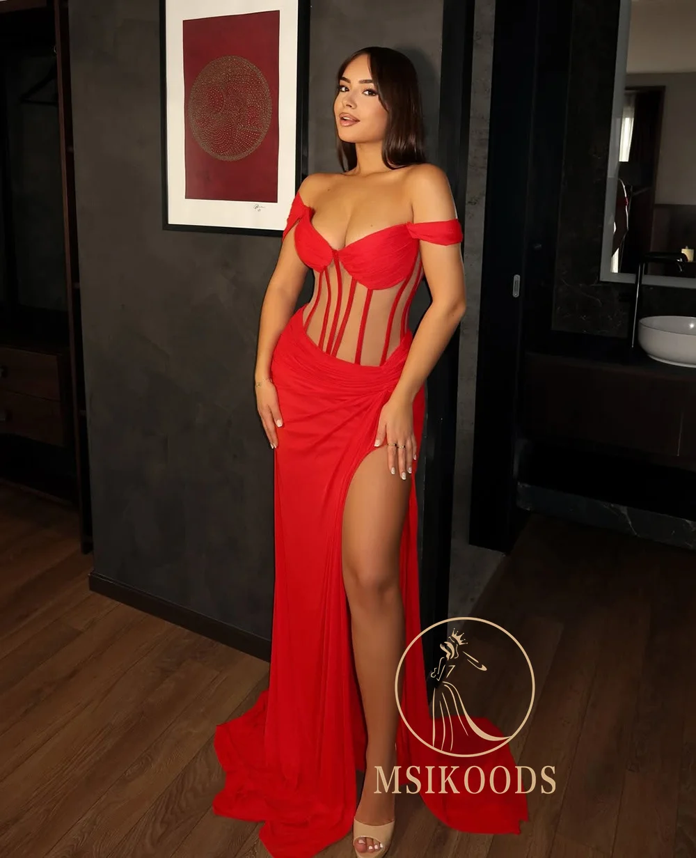 Msikoods Customized Red Evening Dresses Off Shoulder Corset Illusion Sexy High Slit Prom Dress Women's Long 2026 Party Dress - Image 2
