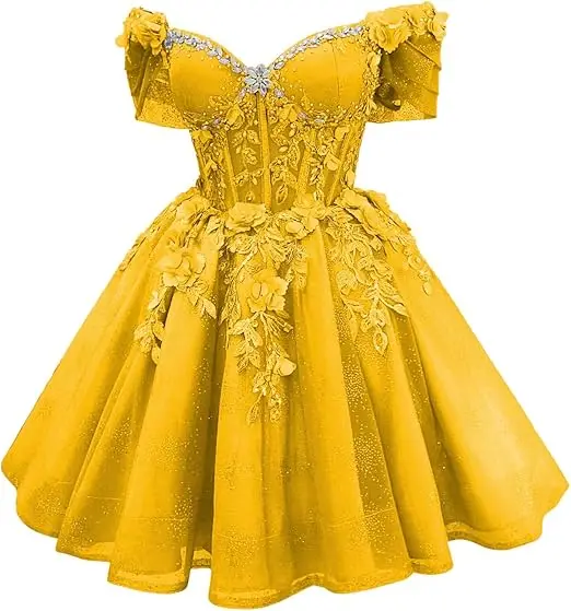 Robe de bal courte Celestia à corset et épaules dénudées, ornée de perles et de dentelle - Image 14
