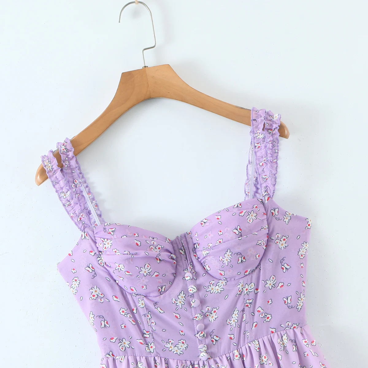 Women Slit Bra Corset Purple Floral Print Double Wood Ears Strap Dress Chiffon Spliced Ruffle Hem Cake Mini Holiday Robe - Image 6