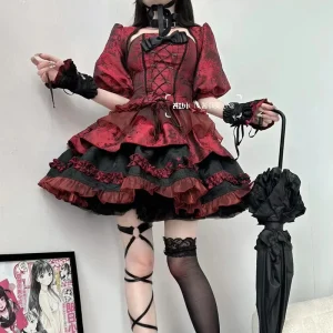 Red Black Gothic Lolita 3 Piece Set Puff Sleeve Lace Corset Slimming Ruffled Dress For Women Summer Halloween